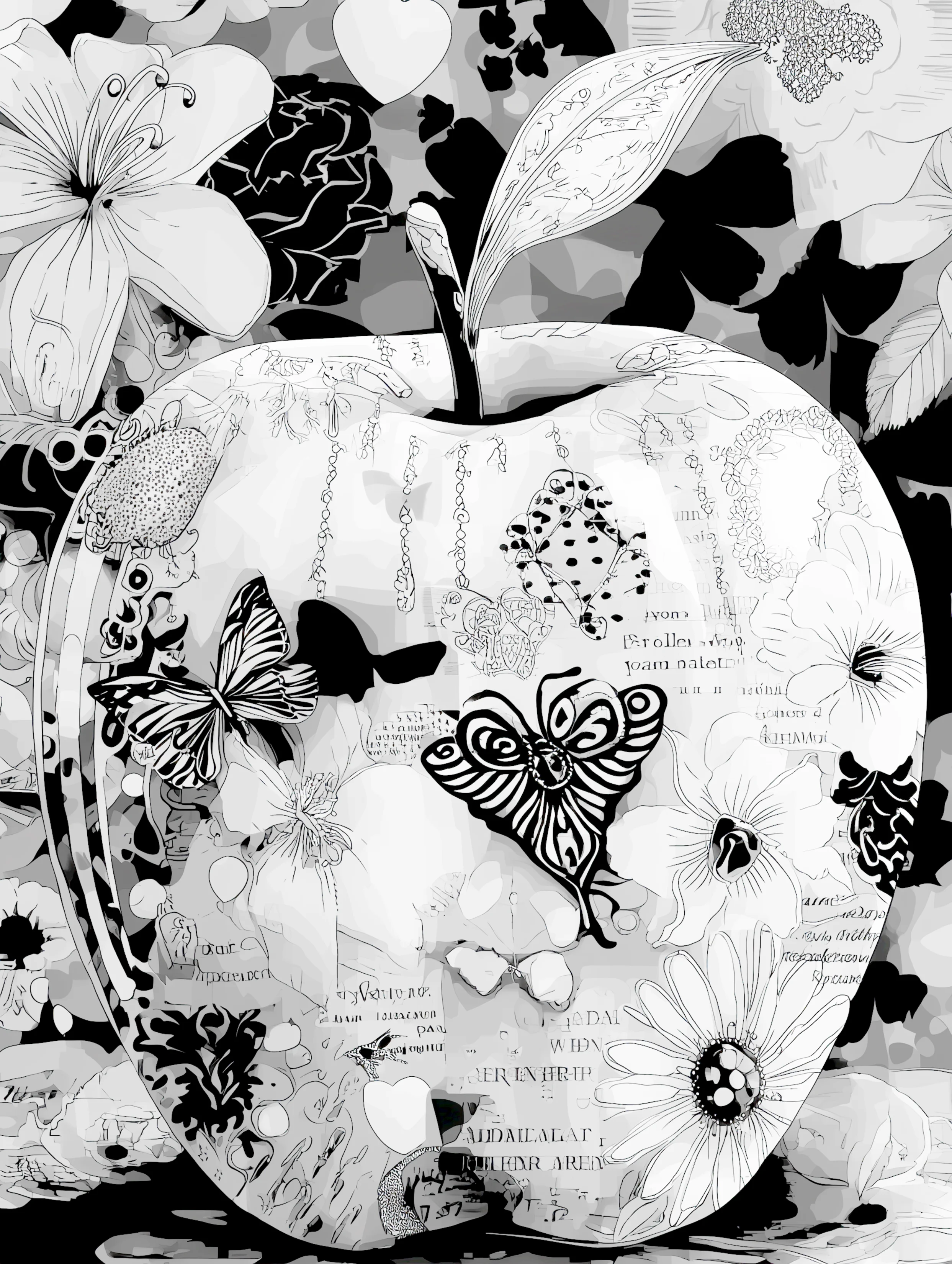 Free printable apple coloring page for adults featuring decorative apple with small butterflies